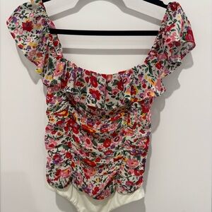 Astr Floral Puff Sleeve Bodysuit with Ruffled Ruched